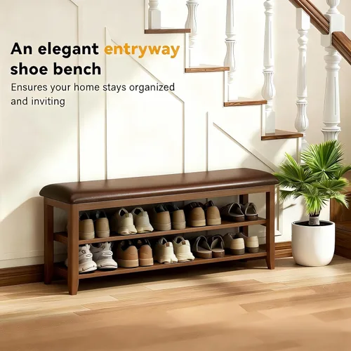 Miniatura 4 de Banco de zapatos con cojín de cuero, banco de entrada de madera maciza rústica con 2 estantes ajustables en altura y extraíbles para pasillo, sala