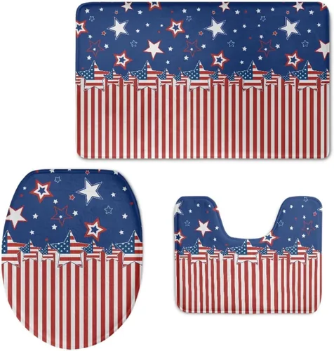 HUGS IDEA Alfombra de baño con estampado de bandera estadounidense con alfombrilla de contorno y cubierta para tapa de inodoro, juego completo de 3