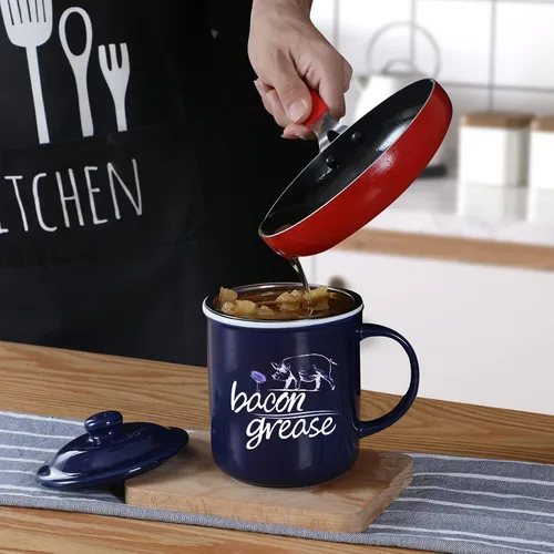 Miniatura 7 de ONTUBE Recipiente de grasa de tocino de cerámica con colador, contenedor de grasa para almacenamiento de aceite de cocina, azul marino