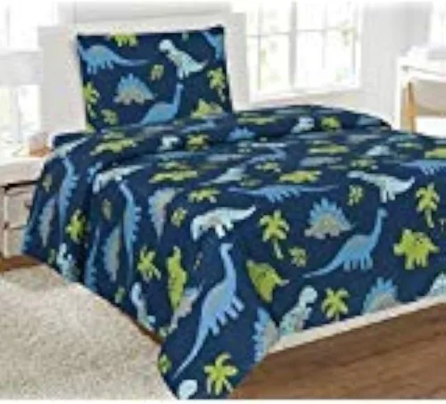Linen Plus Juego de sábanas para niños/adolescentes, dinosaurio, jurásico, azul oscuro, verde, gris, azul claro, sábana bajera ajustable y funda de