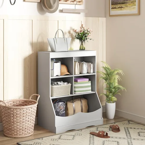 Miniatura 8 de LDAILY Estantería para niños, muebles de dormitorio para niños con 4 cubos, 1 compartimento abierto, estantería de guardería con dispositivo Gris