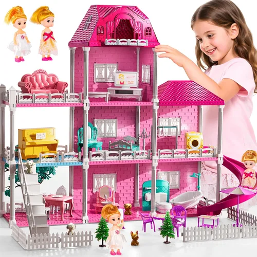 Miniatura 11 de JUKUDAHU Juego de villa para niñas de 3 a 7 años, juego de interior para niñas con 2 pisos, 3 habitaciones, 2 muñecas para edades de 6 a 8 años
