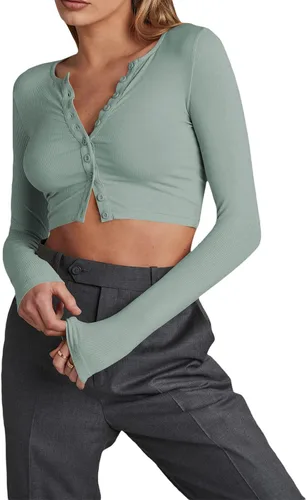 Miniatura 2 de Camiseta corta de punto acanalado de manga larga para mujer, cuello en V, ajuste delgado, con botones frontales, para otoño