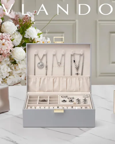Miniatura 3 de Vlando - Joyero de 2 capas, joyero organizador grande para mujeres, bandeja de joyería removible para collares, aretes, anillos, pulseras, joyeros