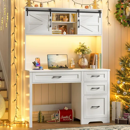 Miniatura 13 de Escritorio ejecutivo Farmhouse de 67" de altura con estante superior, escritorio de oficina con 4 cajones y luz LED, mesa de computadora con Gris