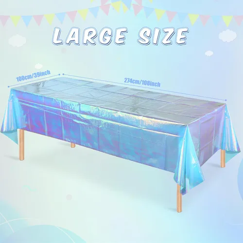 Miniatura 2 de Paquete de 3 manteles de plástico azul iridiscente, cubiertas de mesa rectangulares desechables láser azul brillante, mantel de lámina holográfica