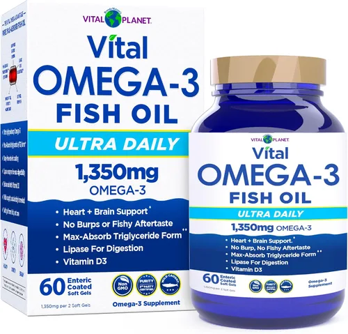 Vital Planet - Suplemento diario de aceite de pescado Vital Omega 3 con 1350 mg de agua fría de alta potencia de 2 veces más fuerza y ácidos grasos