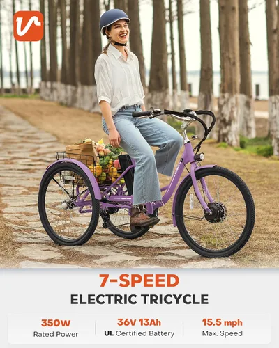 Miniatura 2 de VIRIBUS Triciclo eléctrico para adultos, triciclo eléctrico de 24 26 pulgadas con batería extraíble de 468 Wh, 250 W/350 W (pico 500 W) bicicletas