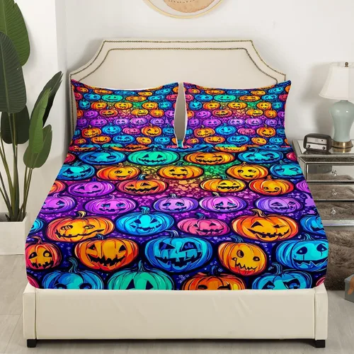 Miniatura 3 de Erosebridal Sábanas de calabaza de Halloween para niños, diseño de calabazas arcoíris, tamaño individual, para niños y niñas, juego de ropa de cama