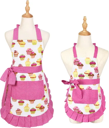 Claswcalor Paquete de 2 delantales 100% algodón para padres e hijos, diseño de cupcakes, delantal de cocina ajustable para mujeres y niños, hijas y