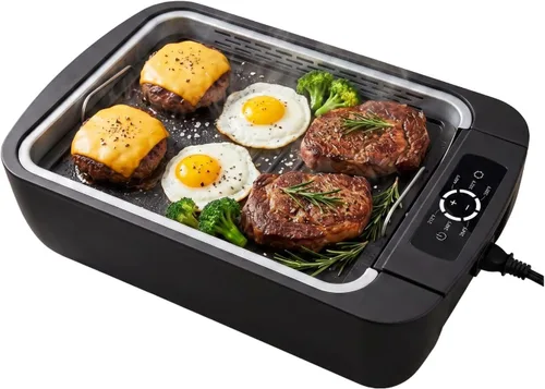 Parrilla y plancha sin humo para interiores de 1100 W, control de humo de barbacoa coreana con control de temperatura de ventilador, placa