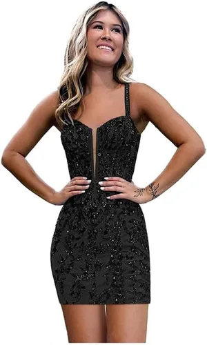 Miniatura 6 de Vestidos ajustados de encaje de lentejuelas para adolescentes, tirantes delgados, cuello en V, vestido corto de graduación, mini vestido de cóctel