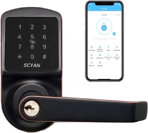 Cerradura de puerta inteligente, sin llave, huella digital, cerradura de manija SCYAN X2 con acceso de teclado para pantalla táctil, bloqueo Bronce