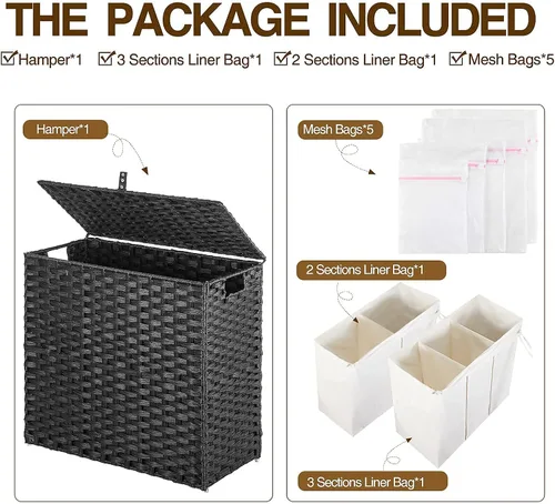 Miniatura 7 de Greenstell Cesta de ropa sucia con tapa, cesta grande de ropa de 125L con 3 secciones y bolsas de forro extraíbles de 2 secciones y 5 bolsas de Negro