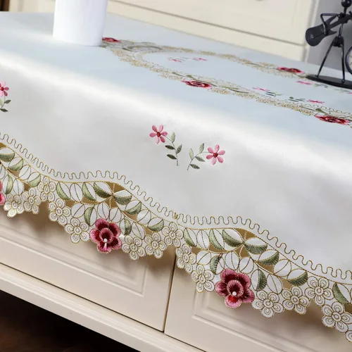 Miniatura 5 de Mantel bordado de damasco rosa camelia, rectangular, color blanco roto 42 x 60 pulgadas