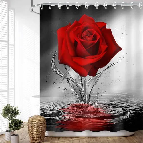 JAWO Cortina de ducha con diseño de rosas, románticas flores y rosas rojas reflejadas en el agua, cortina de baño de tela, cortina de baño negra y