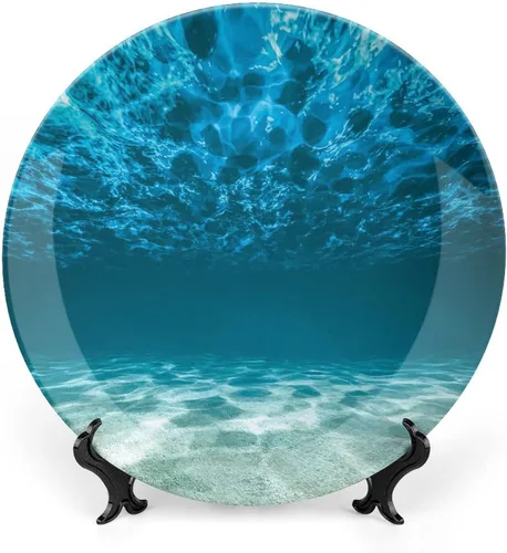 XISUNYA Plato decorativo de porcelana de 6 pulgadas, plato de porcelana oceánica, superficie ondulada con fondo de grava, estampado de paisaje