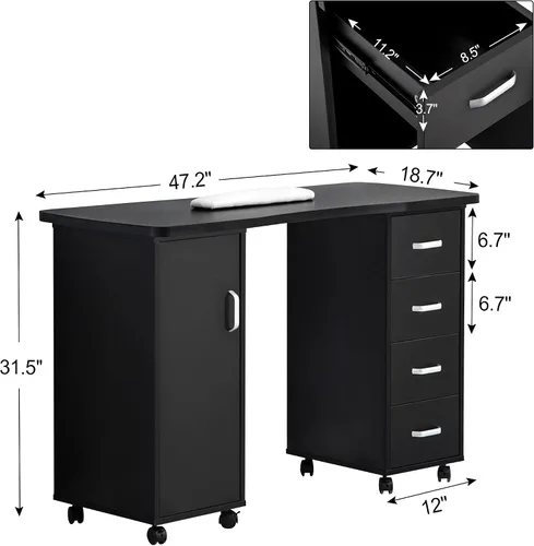 Miniatura 2 de BarberPub Mesa de manicura, escritorio de uñas resistente a la acetona, mesa de uñas con 4 cajones, 2 gabinetes, ruedas bloqueables, almohadilla