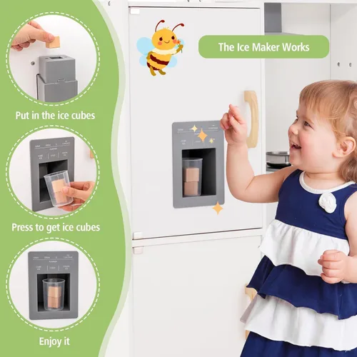 Miniatura 8 de HONEY JOY Juego de cocina esquinera para niños, cocina de madera definitiva para niños pequeños, lavadora, máquina de hielo, fregadero, microondas