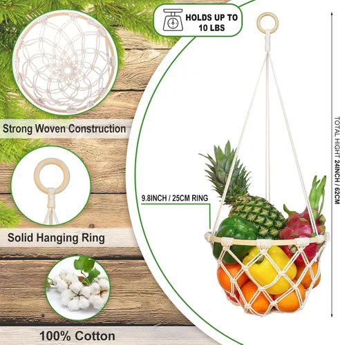 Miniatura 2 de Cesta de frutas colgante de macramé de un solo nivel, soporte bohemio para verduras para cocina, almacenamiento de alimentos con gancho, organizador