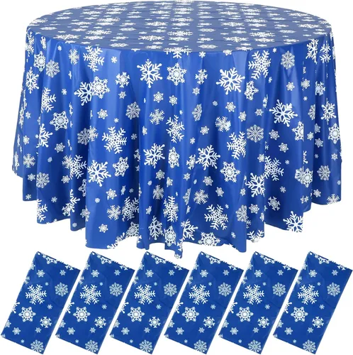 Miniatura 9 de Sliner 3 Piezas Mantel de Navidad de Invierno con Copos de Nieve Mantel de Invierno Redondo de Plástico para Fiesta 83.9 Pulgadas Mantel de Navidad