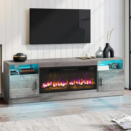 Miniatura 11 de PUKAMI Soporte de TV con chimenea de 18 pulgadas para sala de estar, centro de entretenimiento de 58 pulgadas con luces para las patas, gabinete