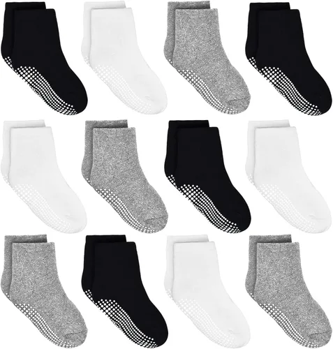 Tphon Calcetines antideslizantes para niños pequeños, 12 pares de calcetines adhesivos antideslizantes para bebés de 1 a 10 años