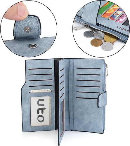 Miniatura 10 de UTO Cartera de pulsera para mujer desmontable para chequera, tarjeta, billetes, teléfono, organizador grande, 1085 azul, Grande, Moderno