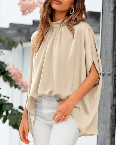 Miniatura 125 de BTFBM Blusas de verano para mujer, cuello alto falso, manga murciélago, holgadas, dobladillo alto y bajo, blusas informales de gran