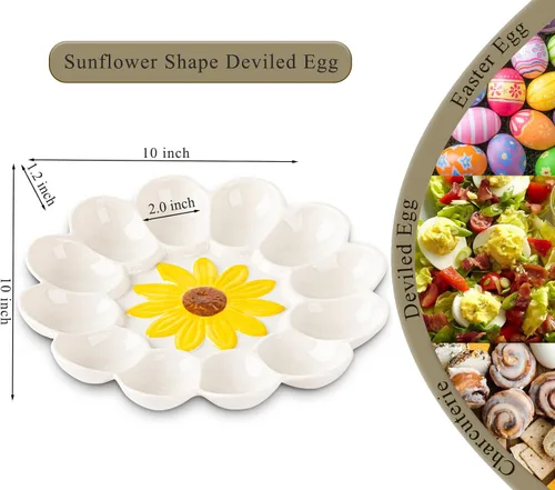 Miniatura 6 de YU&CH Bandeja de huevo Deviled de girasol de cerámica - Plato de huevo blanco para fiesta