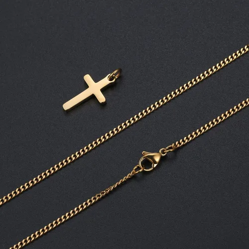 Miniatura 4 de Joxevyia Collar de cruz para niño, acero inoxidable chapado en oro de 14 quilates, colgante de cruz pequeña con cadena cubana, joyería de fe simple