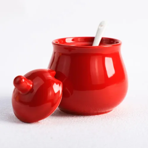 Miniatura 3 de FUYU Tarro de cerámica para especias con tapa y cuchara, caja de condimentos para condimentos