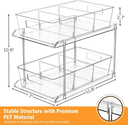Miniatura 2 de Fabspace Organizador Extraíble para el Hogar, Paquete de 2 Organizadores de Baño Transparentes de 2 Niveles con Separadores, Bandeja Multiuso