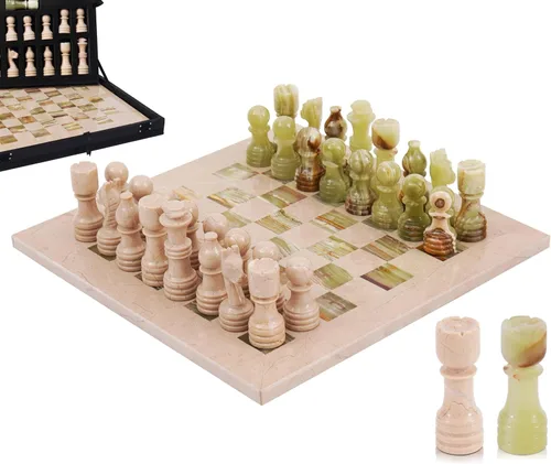 Miniatura 10 de Juego de ajedrez de mármol de 12 pulgadas hecho a mano coral y marrón oscuro con caja de almacenamiento, juego de ajedrez de viaje clásico