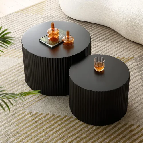 Miniatura 3 de Juego de 2 mesas auxiliares redondas negras de 42.52 pulgadas para sala de estar, diseño contemporáneo de círculo de madera en relieve, sin montaje