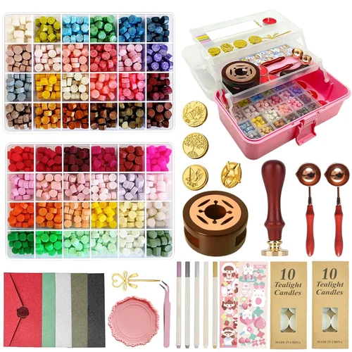 Miniatura 8 de Kit de sellos de cera con caja de regalo, 48 colores, 1200 piezas de cuentas de cera de sellado con 2 piezas de sellos, calentador, cuchara