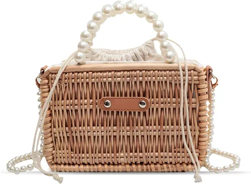 Orgonite Bolso de paja tipo cubo, bolsa de mano hecha a mano con flor de perla, bolsa tejida para playa, cesta de ratán con cordón para mujeres..