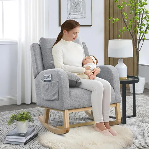 Miniatura 3 de Silla Mecedora Deslizante para Guardería, Silla Mecedora de Acento con Respaldo de Ala Tapizada de Respaldo Alto con Reposabrazos y Bolsillos