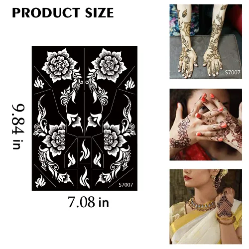 Miniatura 4 de 10 hojas de plantillas de tatuaje de henna 10 pares de plantillas de tatuaje temporal para brazo y mano Tatuajes indios árabes con purpurina Negro