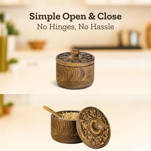 Miniatura 7 de Mie Creations Salero Rústico con Tapa Tallada a Mano y Cuchara, Cuencos de Madera para Pellizcar Sal Recipiente de Madera para Sal y Pimienta