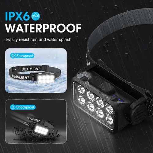 Miniatura 6 de Linterna frontal recargable 2 unidades, 8 LED, 2500 lúmenes, lámpara de cabeza ultraligera y brillante con sensor de movimiento, impermeable