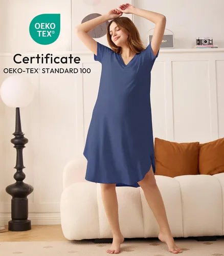Miniatura 2 de NACHILA Camisones para mujer, viscosa hecha de bambú, cuello en V, manga corta, ropa de dormir fresca
