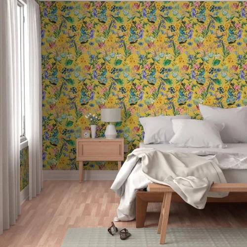 Miniatura 5 de Muestro de papel tapiz extraíble, selva tropical, amarillo, dibujado a mano, botánico, pájaros tropicales, papel pintado prepegado personalizado por