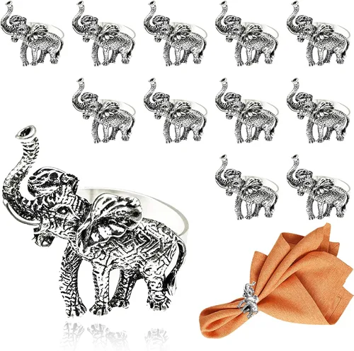 Juego de 12 servilleteros de elefante de metal plateado para playa, boda, baby shower, reunión familiar, cumpleaños y safari africano, para