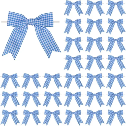 Meseey 30 lazos de cinta de cuadros de 3.5 pulgadas con lazo torcido, lazos de lana azul y blanco, para manualidades, cesta de envoltura de regalos,