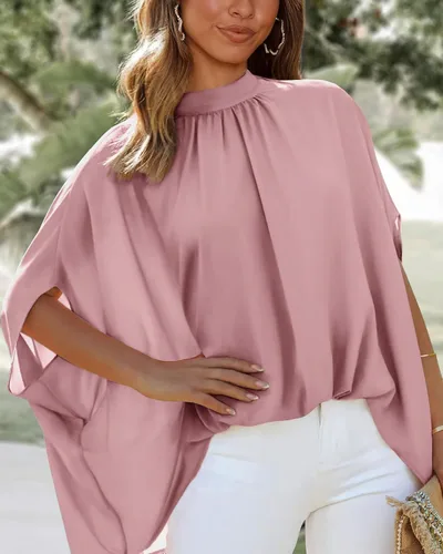 Miniatura 53 de BTFBM Blusas de verano para mujer, cuello alto falso, manga murciélago, holgadas, dobladillo alto y bajo, blusas informales de gran