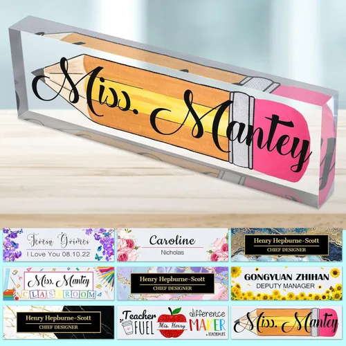 Placa de nombre de escritorio personalizada para profesores, placa de nombre para escritorios, placa de escritorio de vidrio acrílico transparente