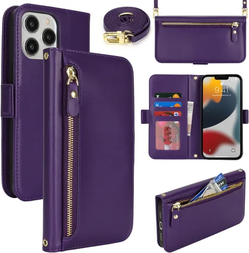 Miniatura 61 de Lipvina Funda tipo cartera para iPhone 12 Pro Max / 13 Pro Max para mujeres, bolsillo con cremallera, funda de teléfono de cuero PU con soporte
