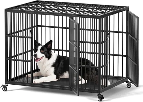 VERIFURTY Jaula resistente de 42 pulgadas para perros grandes y medianos con pestillo de autobloqueo, perrera de acero a prueba de fugas para