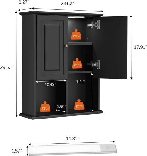 Miniatura 3 de HAIOOU Armario de Pared para Baño con Luz LED con Sensor de Movimiento, Gabinete de Medicina de Madera Montado en Pared, Gabinete de Almacenamiento